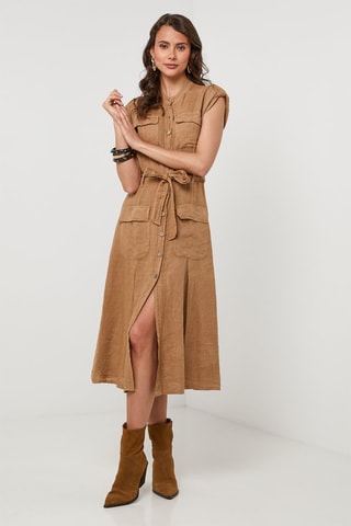 Abito a camicia in lino - Cammello