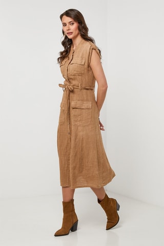 Abito a camicia in lino - Cammello