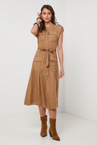 Abito a camicia in lino - Cammello
