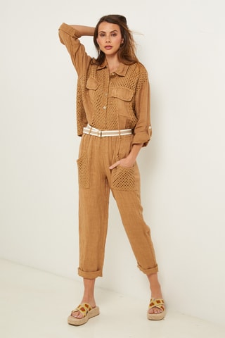 Pantaloni straight 7/8 in lino - Cammello