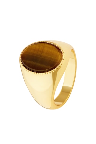 Anel Tiger Eye Oval Signet - Banhado a ouro amarelo e olhos de tigre