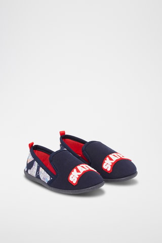 Pantoffels met Skateboardmotief en Belettering - Blauw