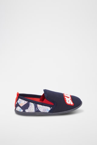 Pantoffels met Skateboardmotief en Belettering - Blauw