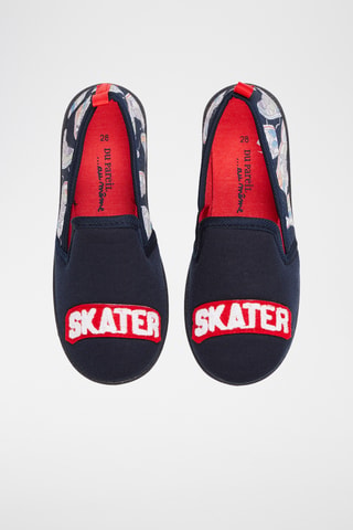Pantoffels met Skateboardmotief en Belettering - Blauw