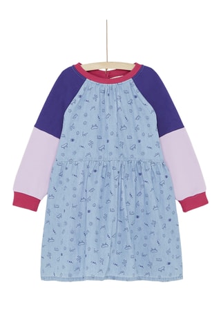 Denim en Molleton Jurk van 2 Materialen - Blauw