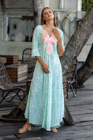 Vestido comprido Naomi - Turquesa - Branco, azul e rosa
