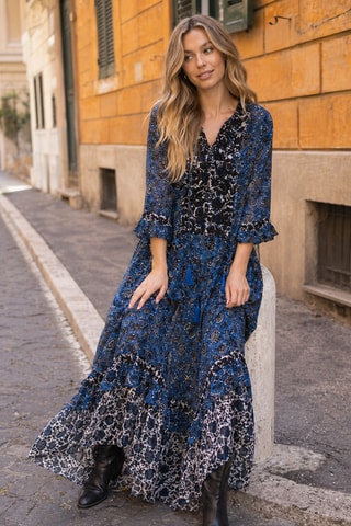 Vestido comprido Ludovica - Azul - Branco, preto e azul