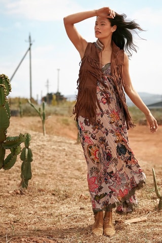 Vestido comprido - Caqui - Verde, amarelo e laranja
