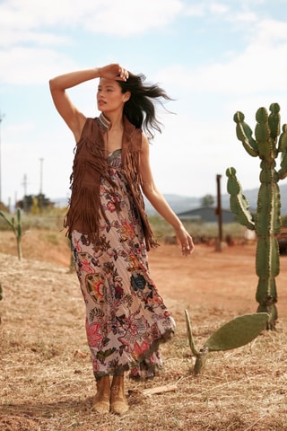Vestido comprido - Caqui - Verde, amarelo e laranja