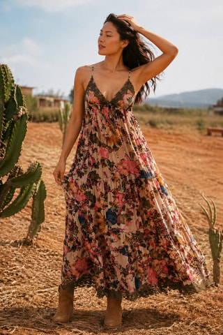 Vestido comprido - Caqui - Verde, amarelo e laranja