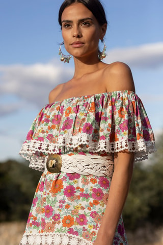 Vestido assimétrico Rayan - Rosa - Branco, verde e laranja
