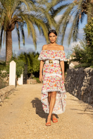 Vestido assimétrico Rayan - Rosa - Branco, verde e laranja