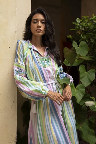 Vestido midi - Azul e rosa - Multicor