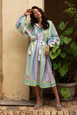 Vestido midi - Azul e rosa - Multicor
