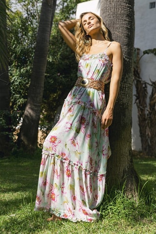 Vestido comprido Petal - Verde - Branco, verde e violeta