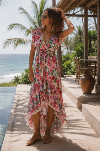 Vestido comprido Holy - Fúcsia - Branco, verde e rosa