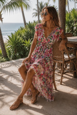 Vestido comprido Holy - Fúcsia - Branco, verde e rosa
