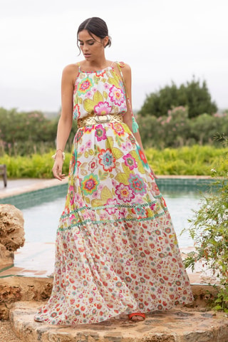 Vestido comprido Astor - Branco - Branco, verde e amarelo