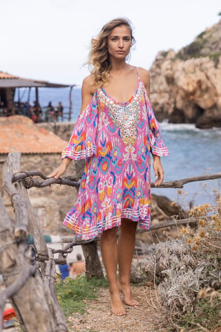 Vestido direito Birds - Rosa - Azul, laranja e rosa