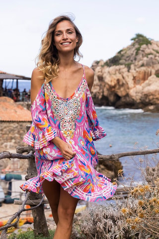 Vestido direito Birds - Rosa - Azul, laranja e rosa