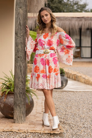 Vestido estilo patinadora Positano - Rosa - Branco, laranja e rosa