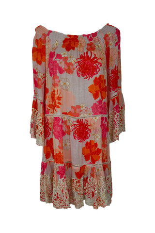 Vestido estilo patinadora Positano - Rosa - Branco, laranja e rosa