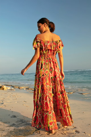 Vestido comprido Starlight - Vermelho - Preto, vermelho e verde