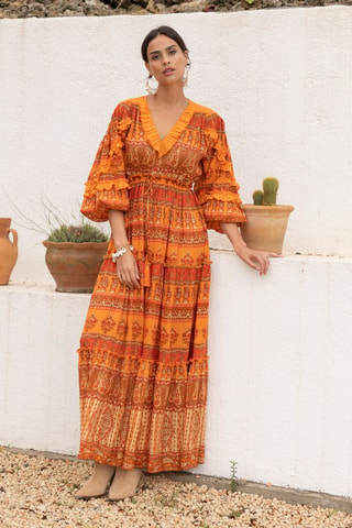Vestido comprido Safran - Laranja - Branco, preto e castanho