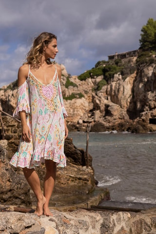 Vestido direito Birds - Rosa - Azul, laranja e rosa