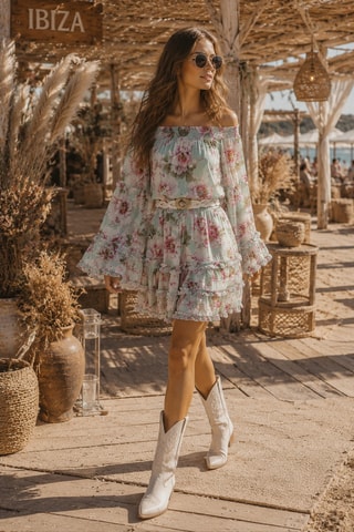 Vestido estilo patinadora Fleur - Verde - Branco, verde e rosa