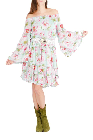 Vestido estilo patinadora Fleur - Verde - Branco, verde e rosa