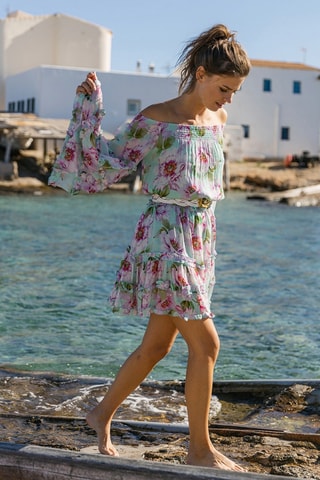 Vestido estilo patinadora Fleur - Verde - Branco, verde e rosa