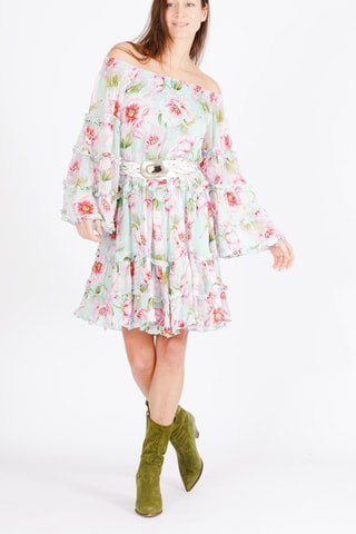 Vestido estilo patinadora Fleur - Verde - Branco, verde e rosa
