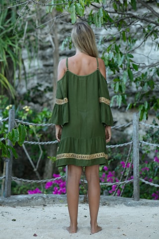 Vestido direito Shimmy - Caqui - Verde e rosa