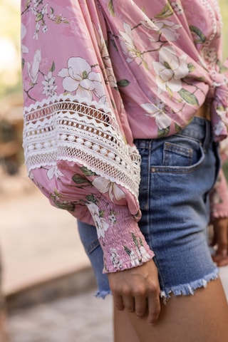 Camisa atada Tulla - Rosa - Branco, verde e rosa