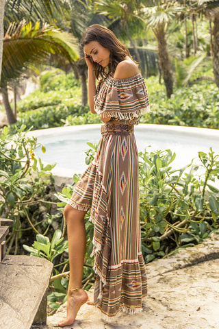 Saia assimétrica Yucatan - Bege - Bege, vermelho e amarelo