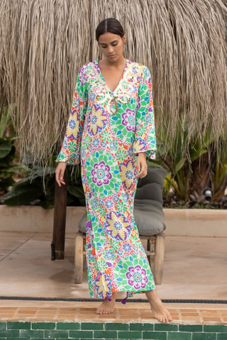 Vestido comprido - Branco e laranja - Branco, laranja e violeta