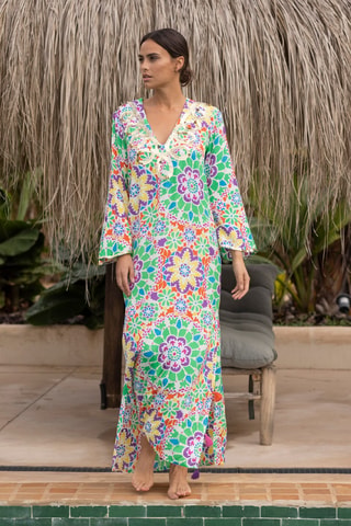 Vestido comprido - Branco e laranja - Branco, laranja e violeta