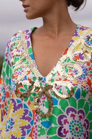 Vestido comprido - Branco e laranja - Branco, laranja e violeta