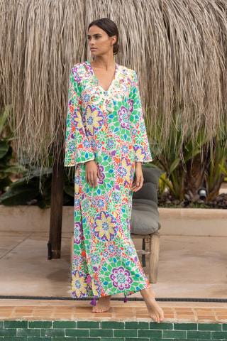 Vestido comprido - Branco e laranja - Branco, laranja e violeta