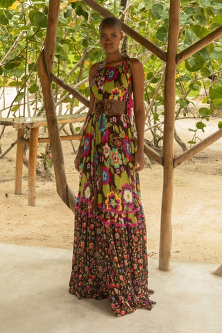 Vestido comprido Astor - Castanho - Verde, castanho e rosa