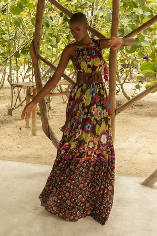 Vestido comprido Astor - Castanho - Verde, castanho e rosa