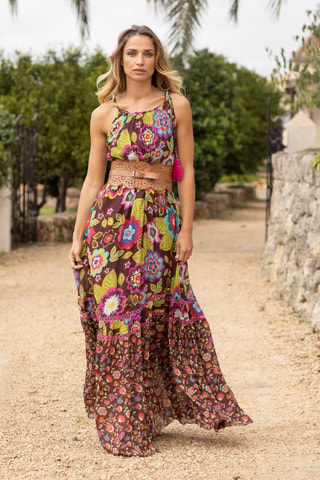 Vestido comprido Astor - Castanho - Verde, castanho e rosa