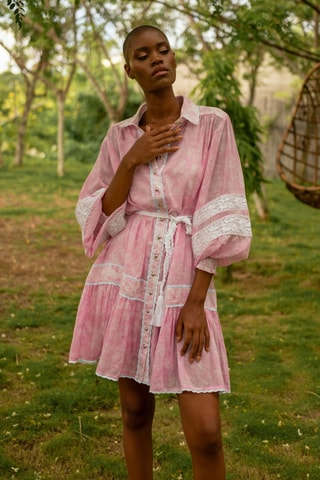 Vestido-camisa - Pêssego - Bege e verde