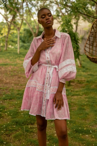 Vestido-camisa - Pêssego - Bege e verde