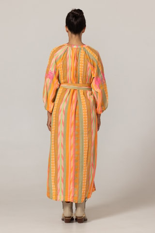 Vestido-camisa - Branco, laranja e verde