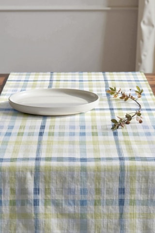 Caminho de mesa em algodão biológico - Branco e verde-claro - 50 x 150 cm