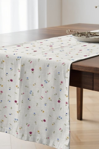 Caminho de mesa em algodão biológico - Branco e rosa - 50 x 150 cm