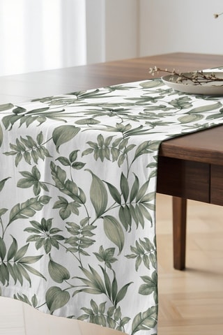 Chemin de table en coton biologique - Blanc et vert - 50 x 150 cm