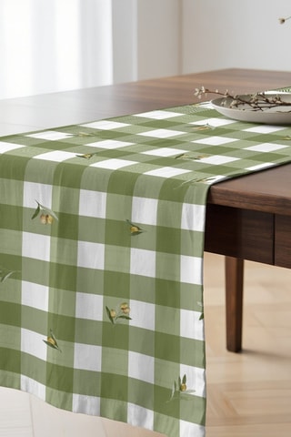 Chemin de table en coton biologique - Blanc et vert olive - 50 x 150 cm